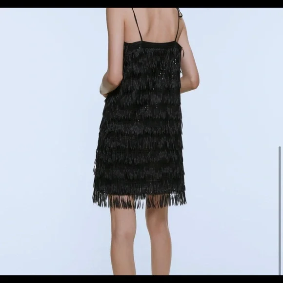 NWT ZARA Black SEQUINNED FRINGED DRESS Mini Adjustable Straps Size M 2853 - Picture 2 of 5